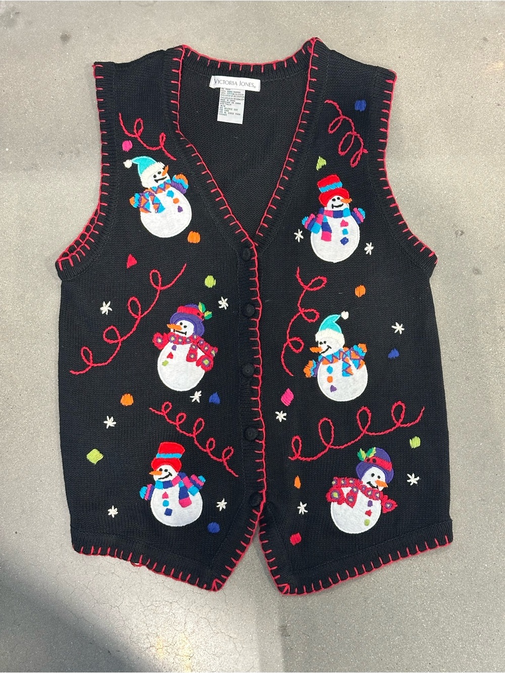Victoria Jones Woman Black Holiday Snowman Vest with Multicolor Accents